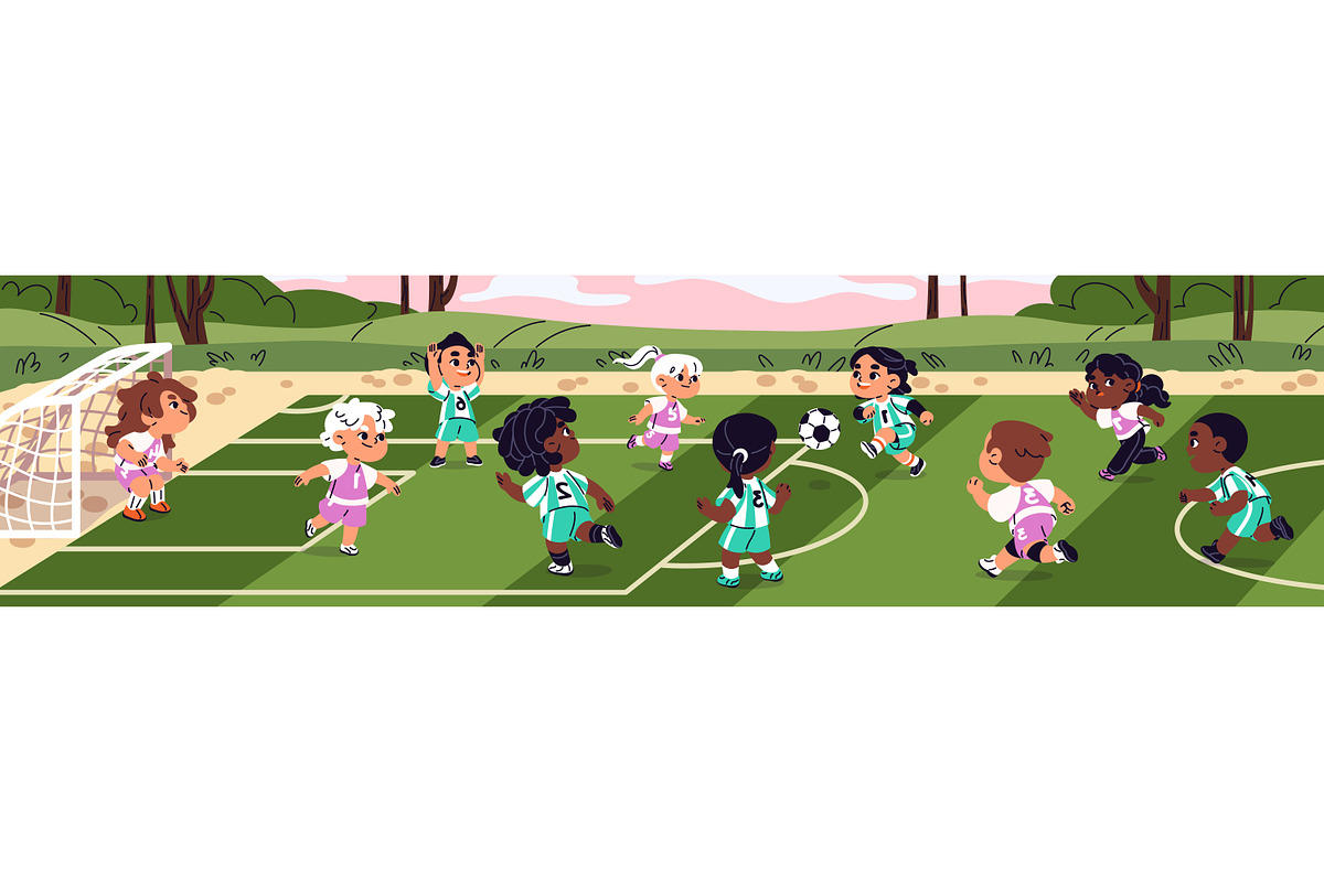 Cute kids play football on field, a Sport Illustration by PaperTrident (Photo 1 of 3)