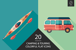 Camping and touring flat icon set