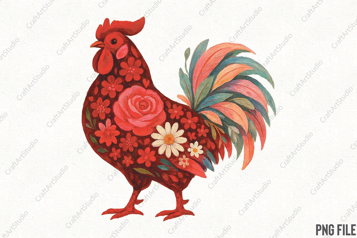 Western Floral Chicken Valentine PNG, an Illustration by CraftArtStudio (Photo 1 of 4)