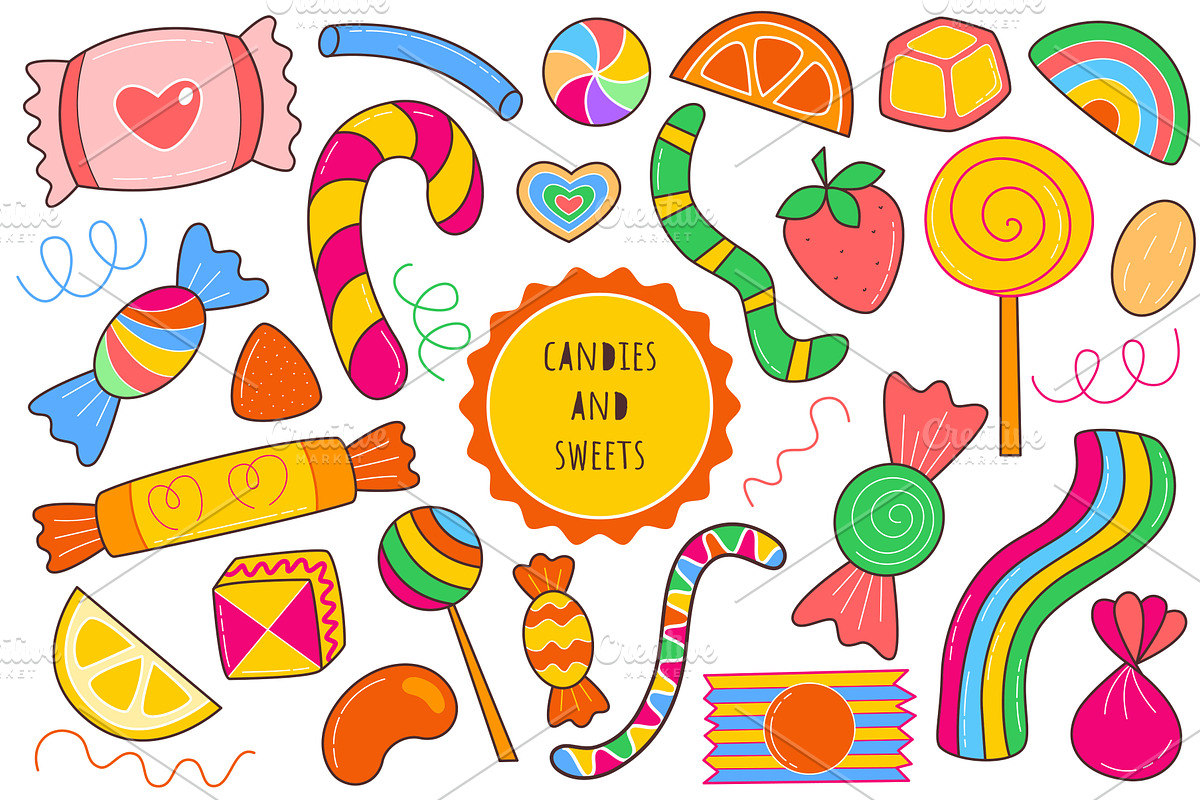 Sweets and candies bright colorful, a Food Illustration by Tati_Kli