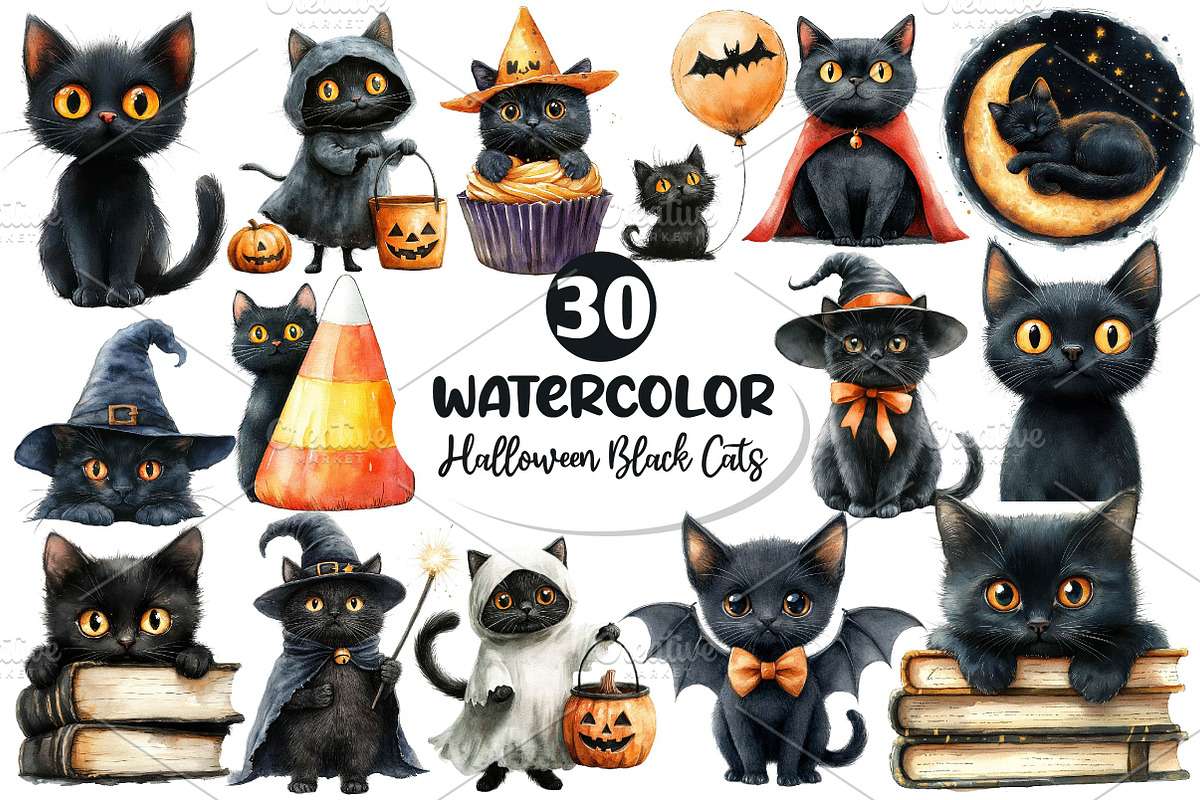 Cute Halloween Black Cats Clipart, an Illustration by Dream Creation (Photo 1 of 6)