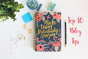 Blue journal, greenery flatlay