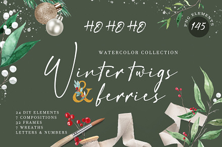 Watercolor winter twigs and berries