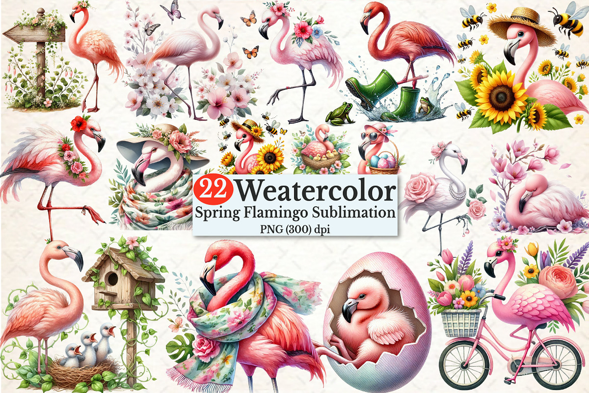 Spring Flamingo Sublimation Clipart, a Seasonal Illustration by Rose Art (Photo 1 of 4)