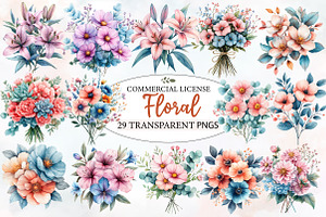 Pink Aqua and  Floral Bouquets, an Illustration by Designworld