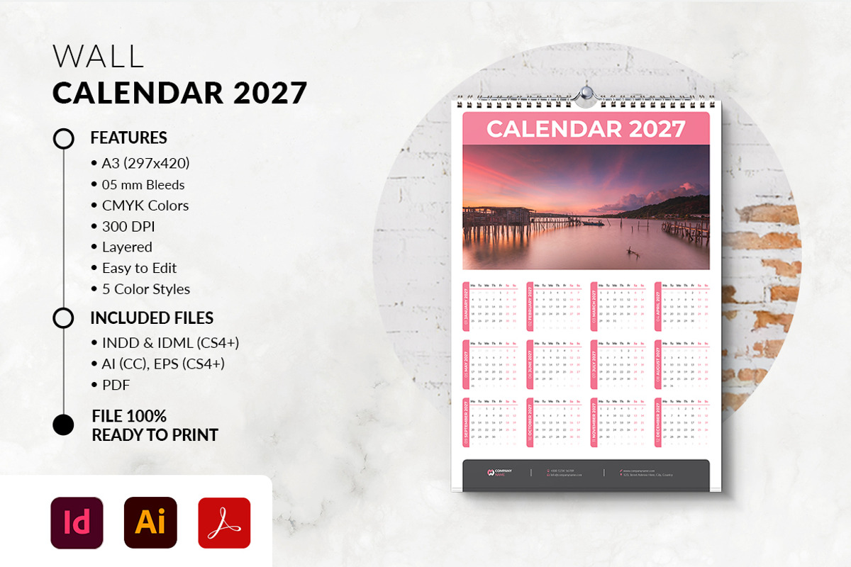 2027 Wall Calendar A3 Print Template, a Stationery Template by MstArtwork (Photo 4 of 5)