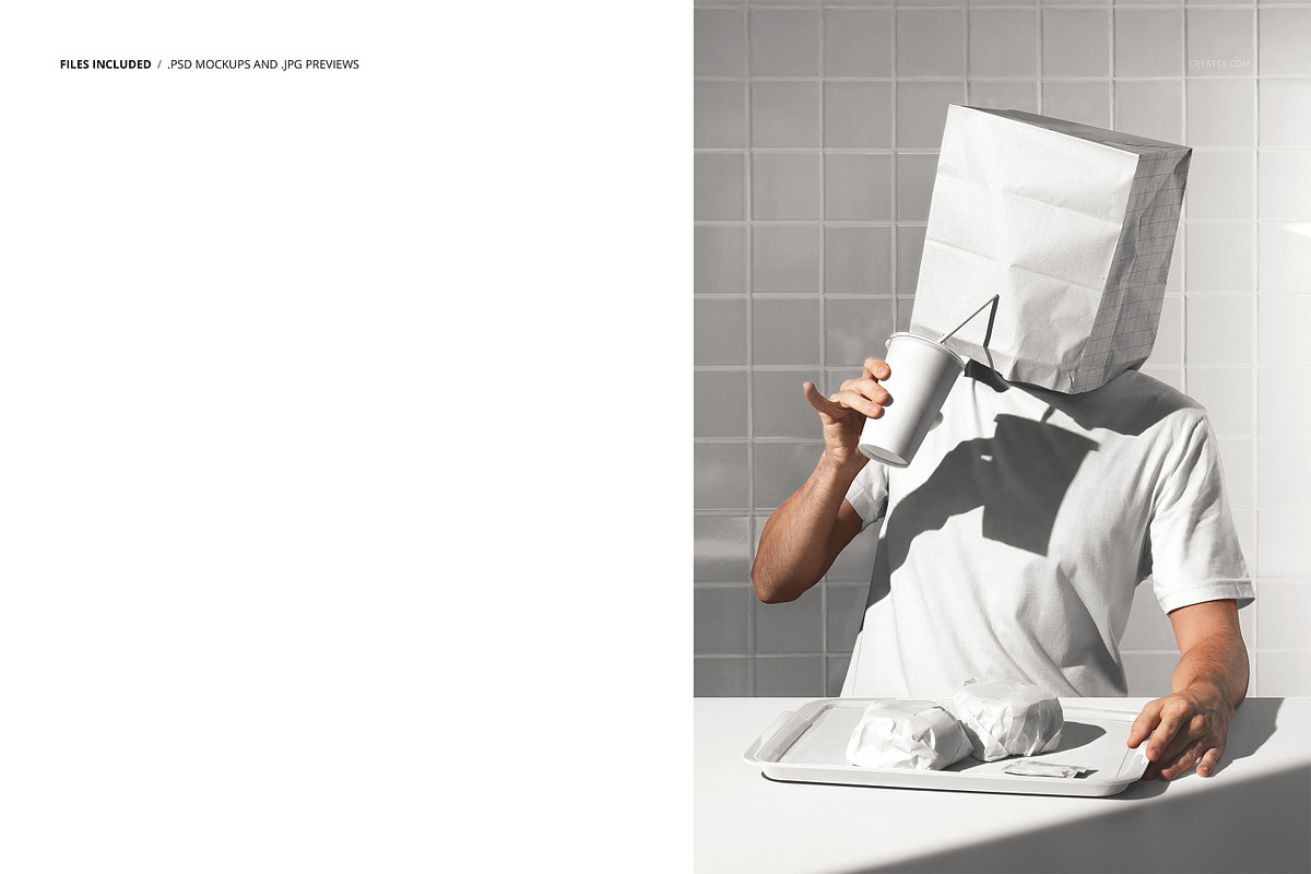 Man with Paper Bag on Head Fast Food, a Packaging Mockup by creatsy5 (Photo 2 of 6)