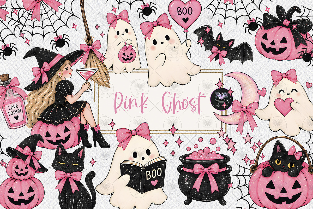Pink Halloween Ghost Clipart, a Decorative Illustration by BigCakeBee (Photo 1 of 3)