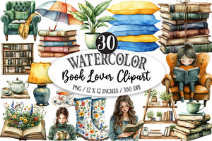 Watercolor Book Lover Clipart, an Illustration by Designking