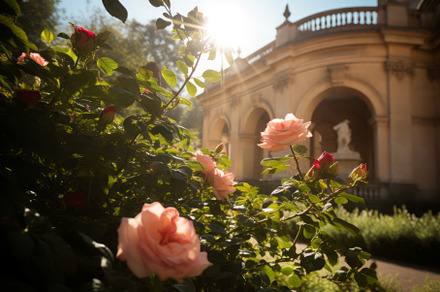 Sunlit courtyard roses. Generate ai, a Nature Photo by Ylivdesign