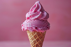 Pink ice cream cone dessert with waffle cone and creamy swirl on, a Food & Drink Photo by José Manuel Gelpi
