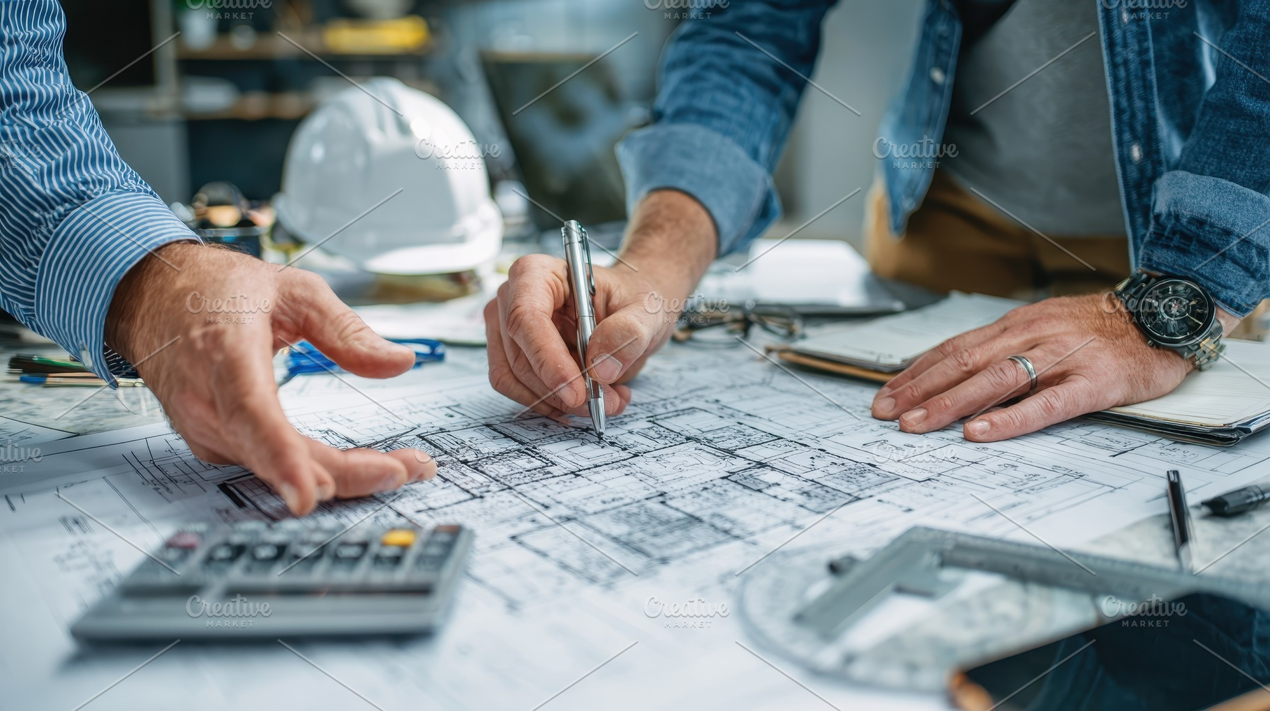 Architects reviewing blueprints plan, a Photo by Pixeness Studio