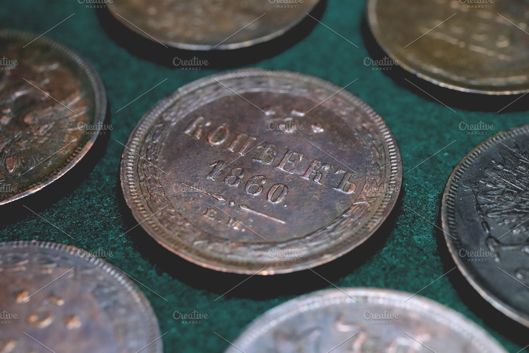 A collection of vintage 5 kopecks of Alexander II and Nicholas I coins displaye, an Industrial Photo by Textures & Backgrounds