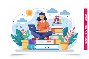 A young woman sits on a large stack, an Illustration by Tanuart