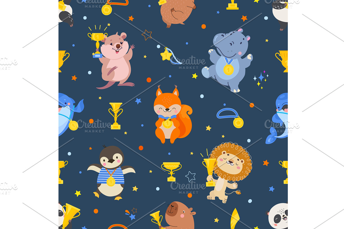 Winners seamless pattern. Cute happy, an Animal Illustration by Valerie Bodnar