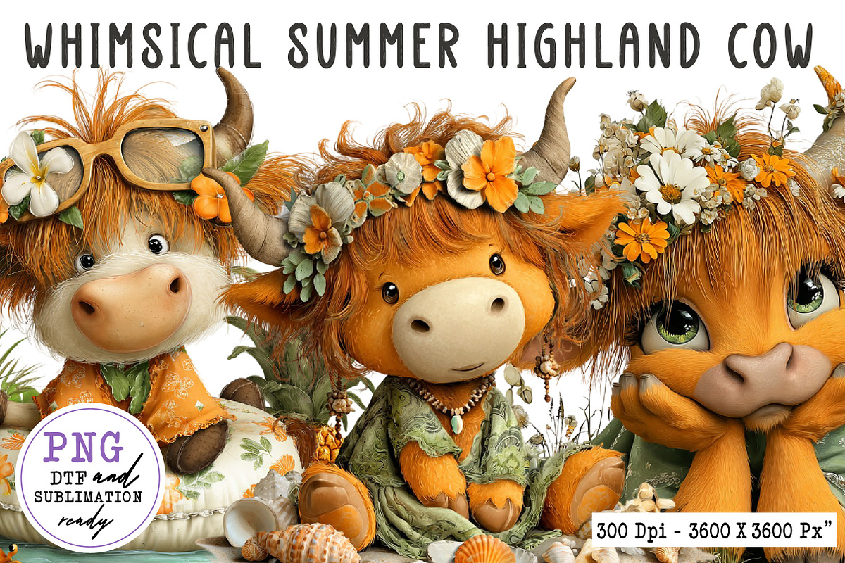 Whimsical Summer Highland Cow Clipar, an Illustration by CreationArt (Photo 1 of 7)