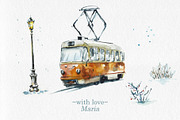 Watercolor Tramcars, a Transportation Illustration by Budogoshch (Thumbnail 9 of 9)