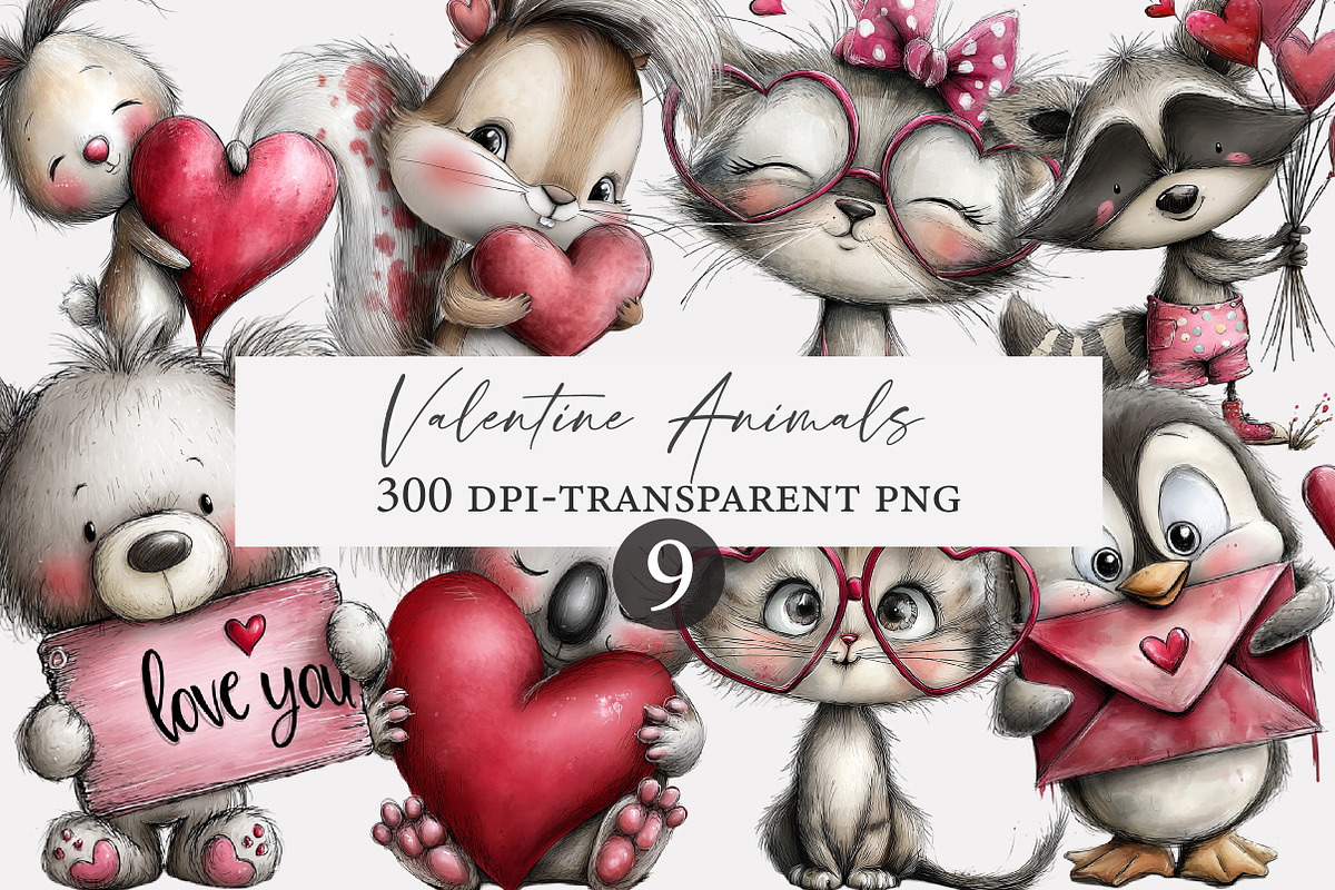 Valentine Animals Watercolor Clipart, an Illustration by Designworld (Photo 1 of 3)