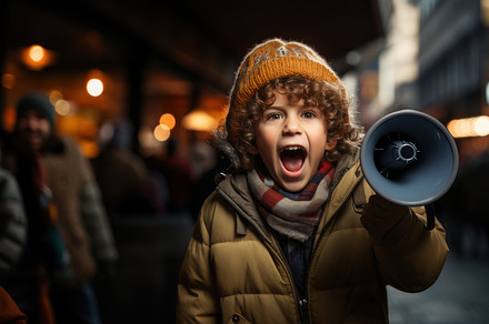 Young boy shouting on a megaphone in a protest at NYC street., a Photo by AS photostudio