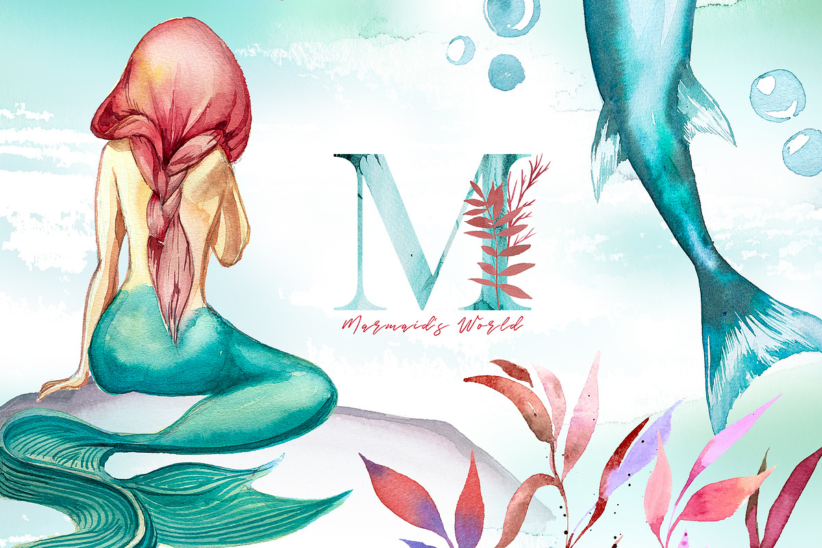 Watercolor Mermaid's World Clipart, a Person Illustration by ArtCreationsDesign (Photo 1 of 8)