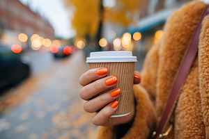Female hand holding cup with vibrant orange nails in autumn street setting, a Beauty & Fashion Photo by AlyaAnd
