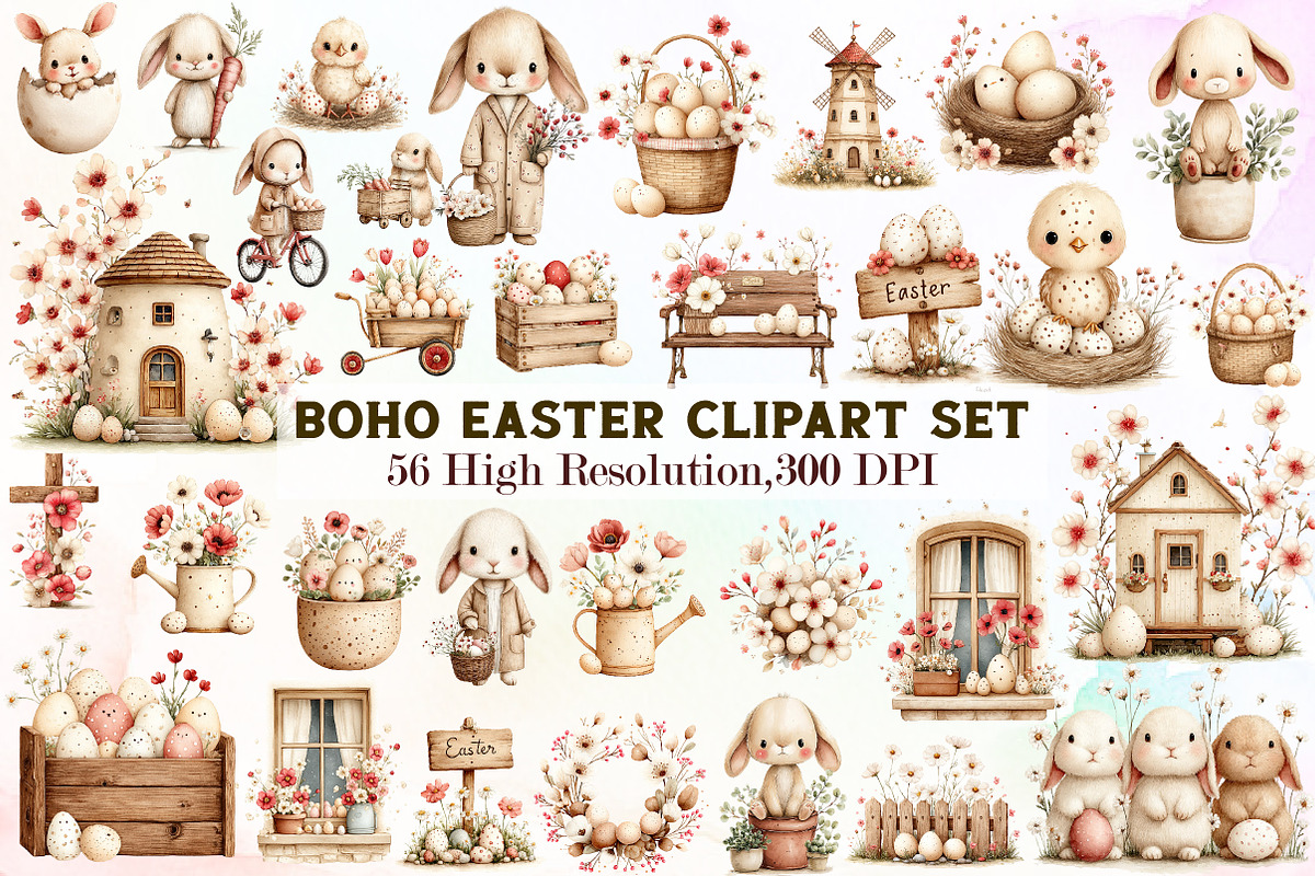 Watercolor Boho Easter Clipart Bundl, an Illustration by Sublimation Artist (Photo 1 of 7)