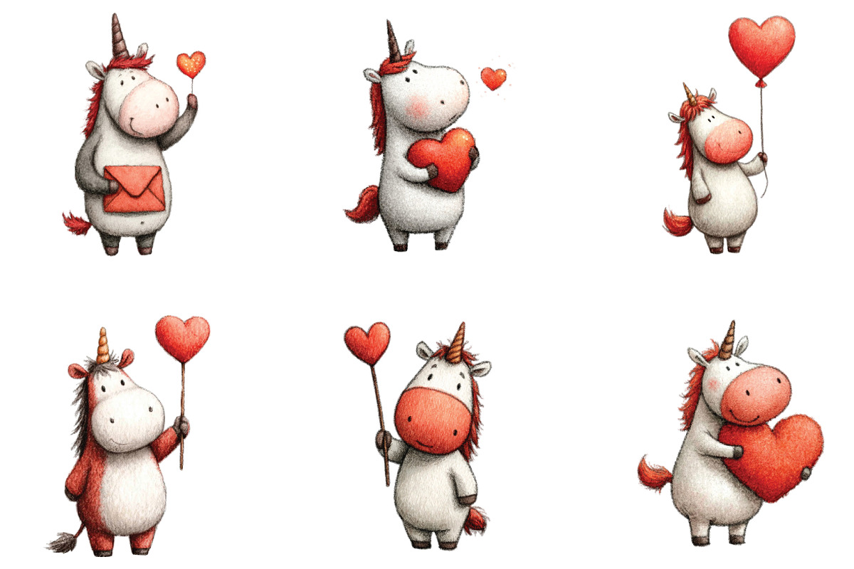 Whimsical Valentine Unicorn Clipart, an Illustration by CraftArtStudio (Photo 2 of 6)
