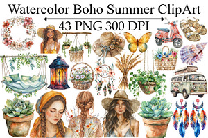Watercolor Boho Summer ClipArt, an Illustration by Design Market