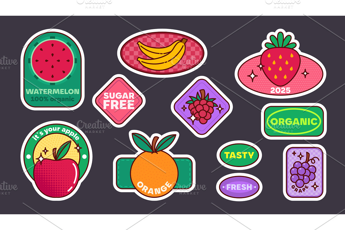 Vibrant retro fruit sticker set, a Food Illustration by art PVP - market