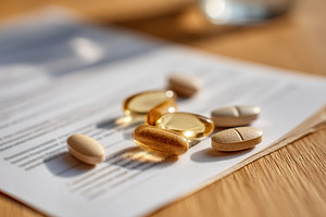 Several pills scattered on a document near a glass of water on a wooden table, a Photo by AlyaAnd