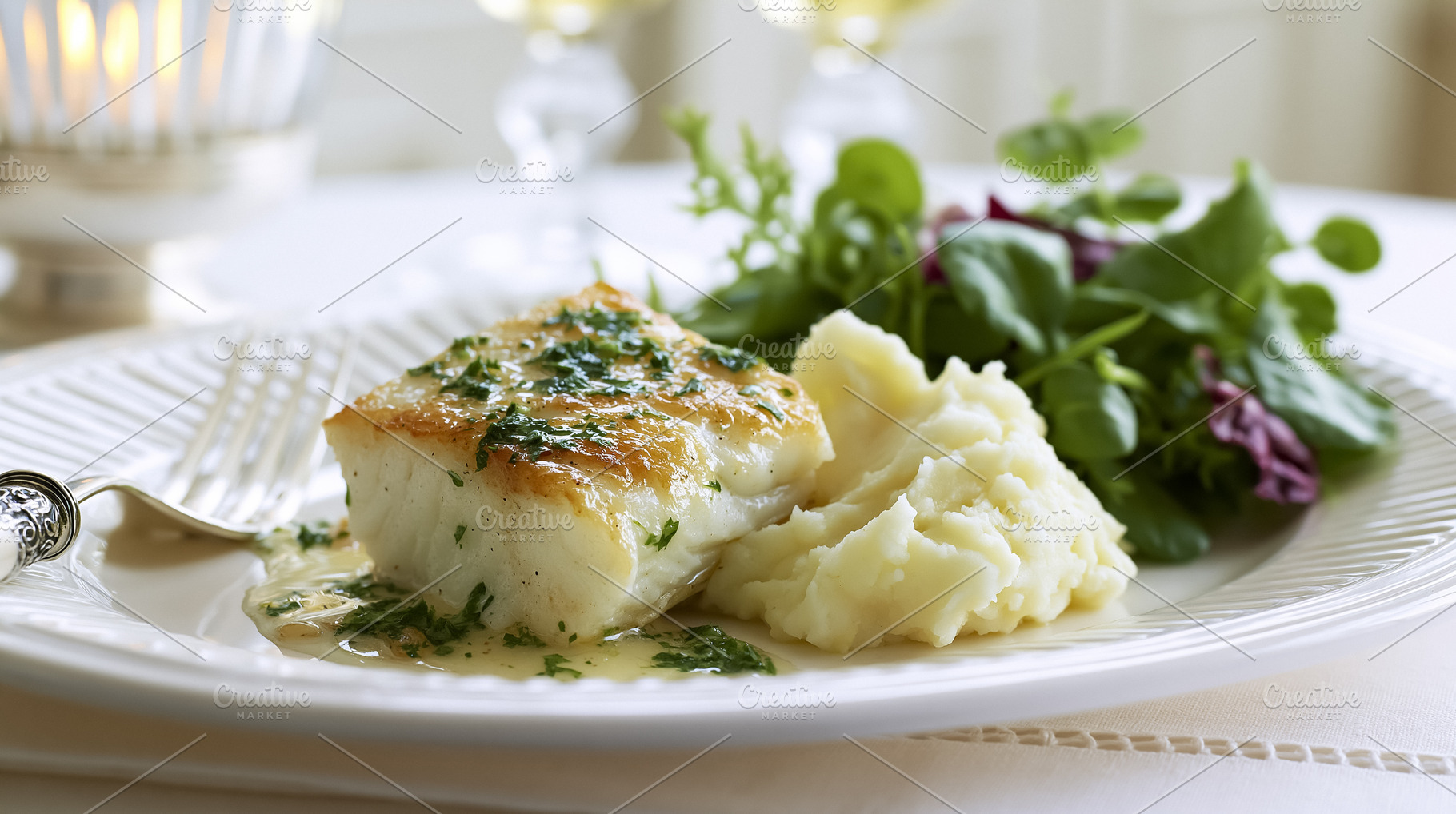 Pan seared cod fish fillet with mashed potatoes and fresh green salad, plated f, a Photo by Studio ANNA
