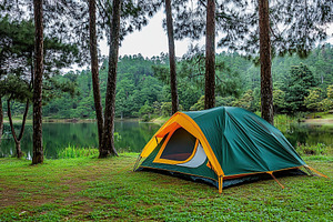 Tranquil camping near a serene lake surrounded by tall pine trees at dusk, a Beauty & Fashion Photo by AlyaAnd