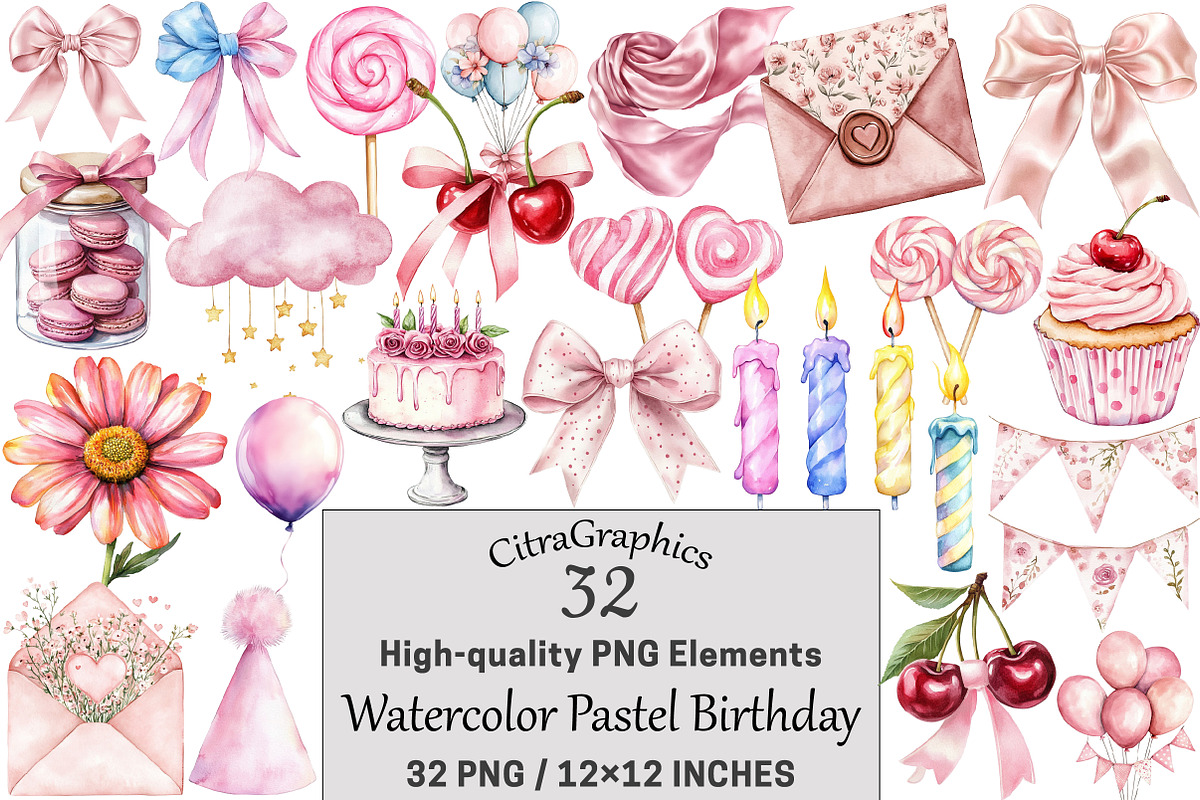 Watercolor Pastel Birthday Clipart, a Seasonal Illustration by CitraGraphics (Photo 1 of 6)