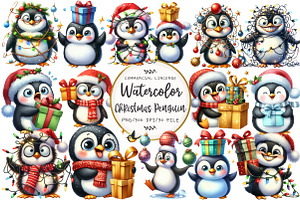 Christmas Funny Penguin Clipart, an Illustration by OK Design