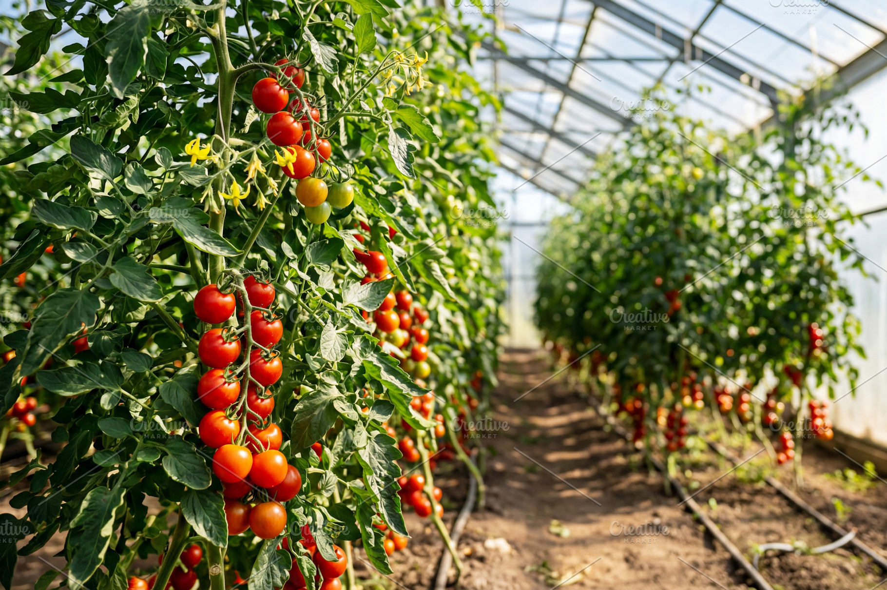 Tomatoes growing on a greenhouse, a Food & Drink Photo by Volff