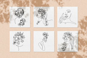 Women And Flowers. One Line Art