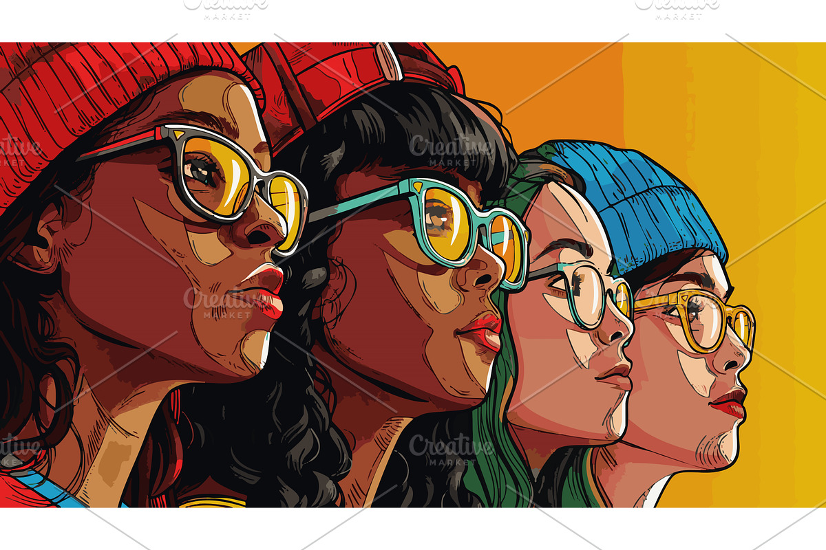 Trendy Women in Beanies and Glasses, a Person Illustration by AlexArt