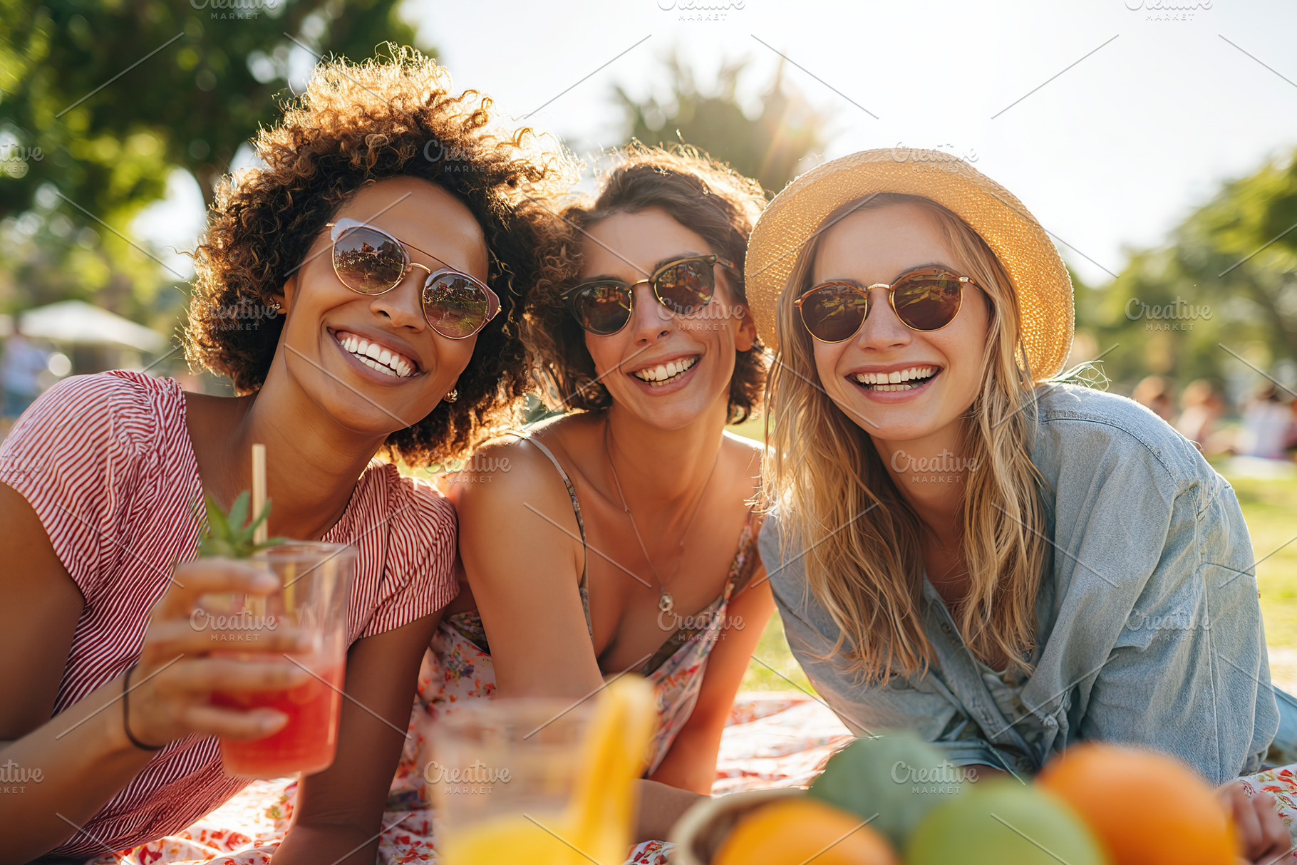 Joyful picnic with friends enjoying drinks and sunshine in a beautiful park on, a Photo by AlyaAnd