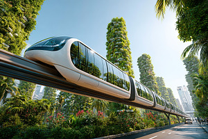 Modern transportation system travels through a green urban landscape in dayligh, a Transportation Photo by AlyaAnd