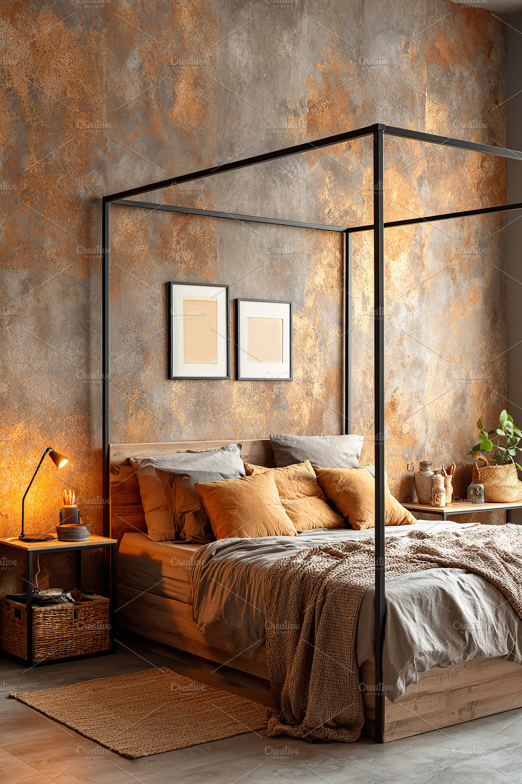 Cozy urban apartment interior featuring a stylish bed in warm tones, a Photo by AlyaAnd