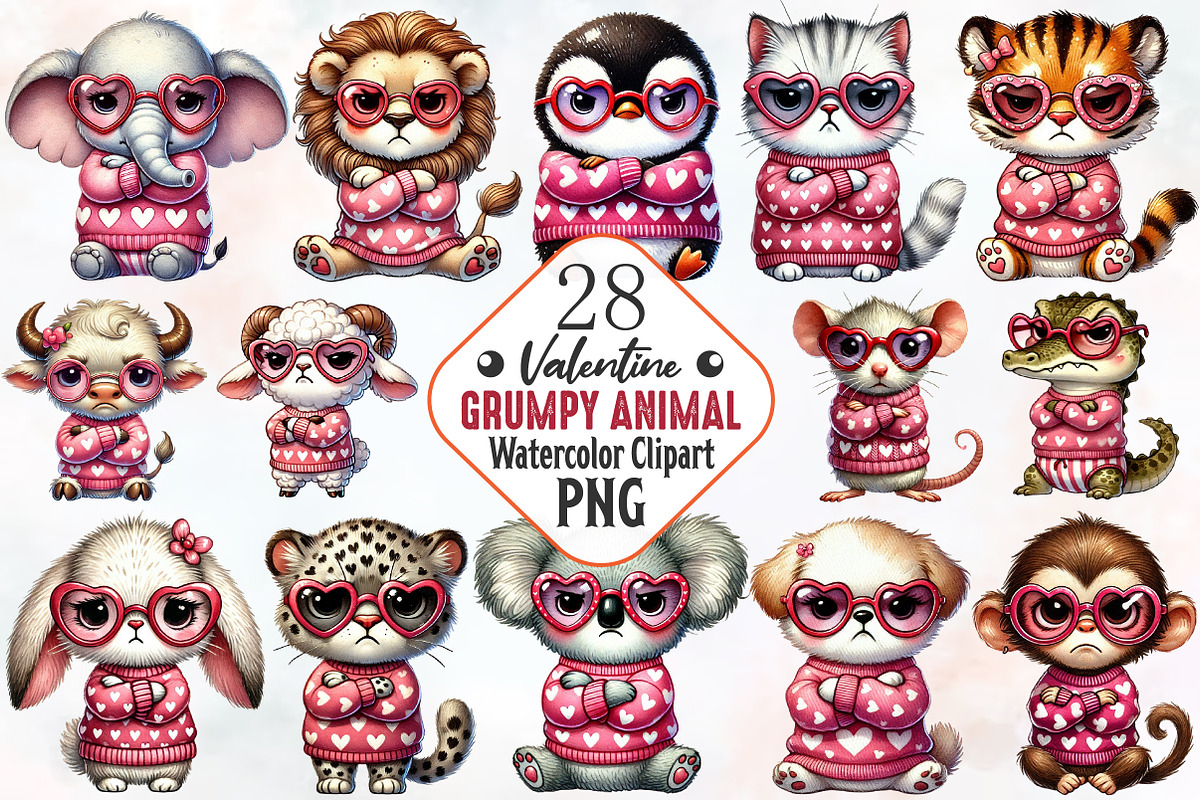 Grumpy Valentine animal clipart bund, an Illustration by RobertsArt (Photo 1 of 7)
