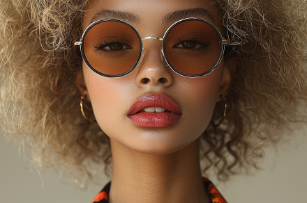 Stylish woman wearing sunglasses and colorful outfit in a studio portrait, a Photo by AS photostudio