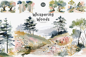 watercolor forest landscape clipart, a Decorative Illustration by Patishop Art