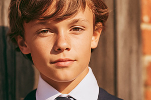 Schoolboy portraying student life and education, wearing formal, a Photo by Studio ANNA