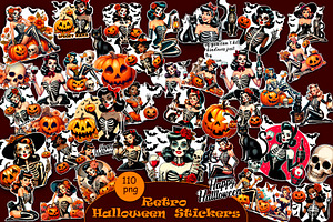 Retro Pin Up Girl Halloween Stickers, a Person Illustration by ElenazlataArt