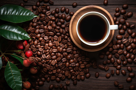 Cup of coffee with roasted coffee beans and green leaves on wooden table. Gener, a Food & Drink Photo by AlyaAnd
