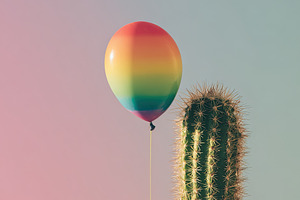 Colorful rainbow balloon floating beside a tall cactus on a past, an Abstract Photo by Ales Munt