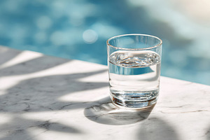 Transparent glass of water with sunlights, a Food & Drink Photo by AlyaAnd