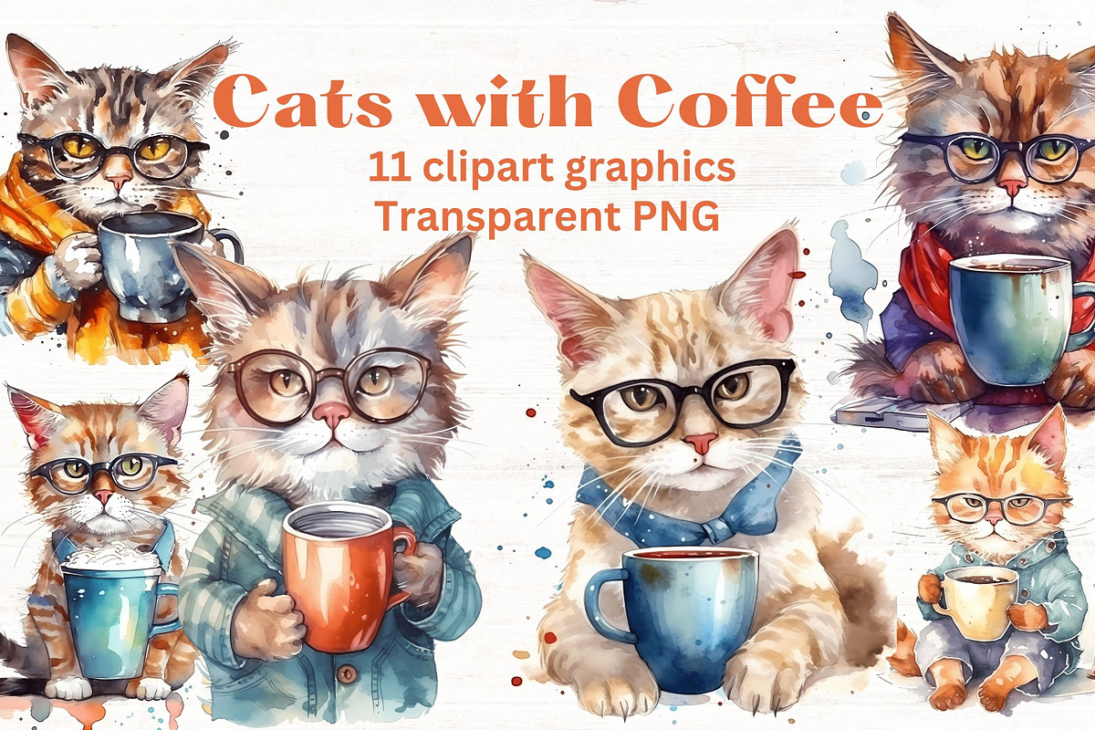 Cats with Coffee clipart x11, an Animal Illustration by Mermaids Cove (Photo 1 of 9)