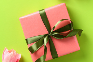 Happy Mother Day concept. Vertical banner design with tulips and gift box. Flat